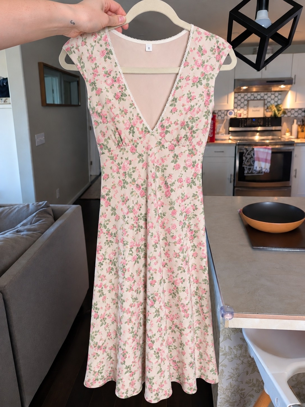 Floral V-Neck Midi Dress in Pink and Cream